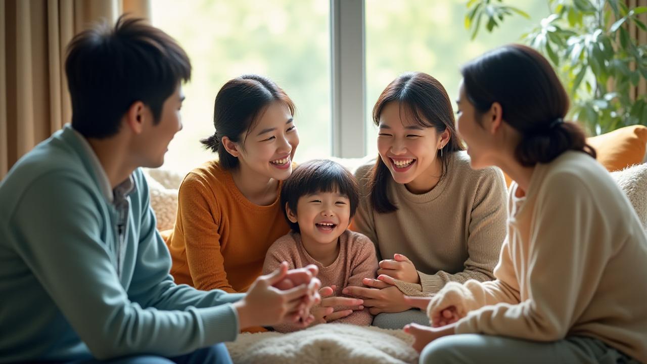 따뜻하고 편안한 분위기의 거실에서 서로 미소 짓고 있는 세대 다른 가족