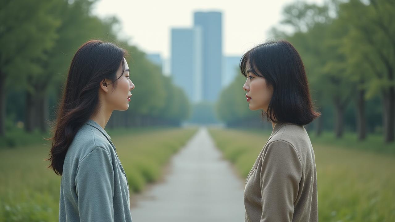 생각에 잠긴 중년 여성이 넓은 길 앞에서 고개를 숙이고 서 있는 모습