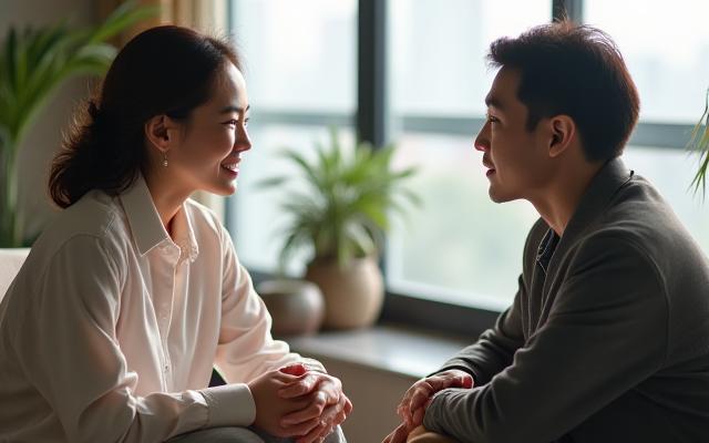 편안한 환경에서 코치와 고객이 마주보며 깊은 대화를 나누는 모습