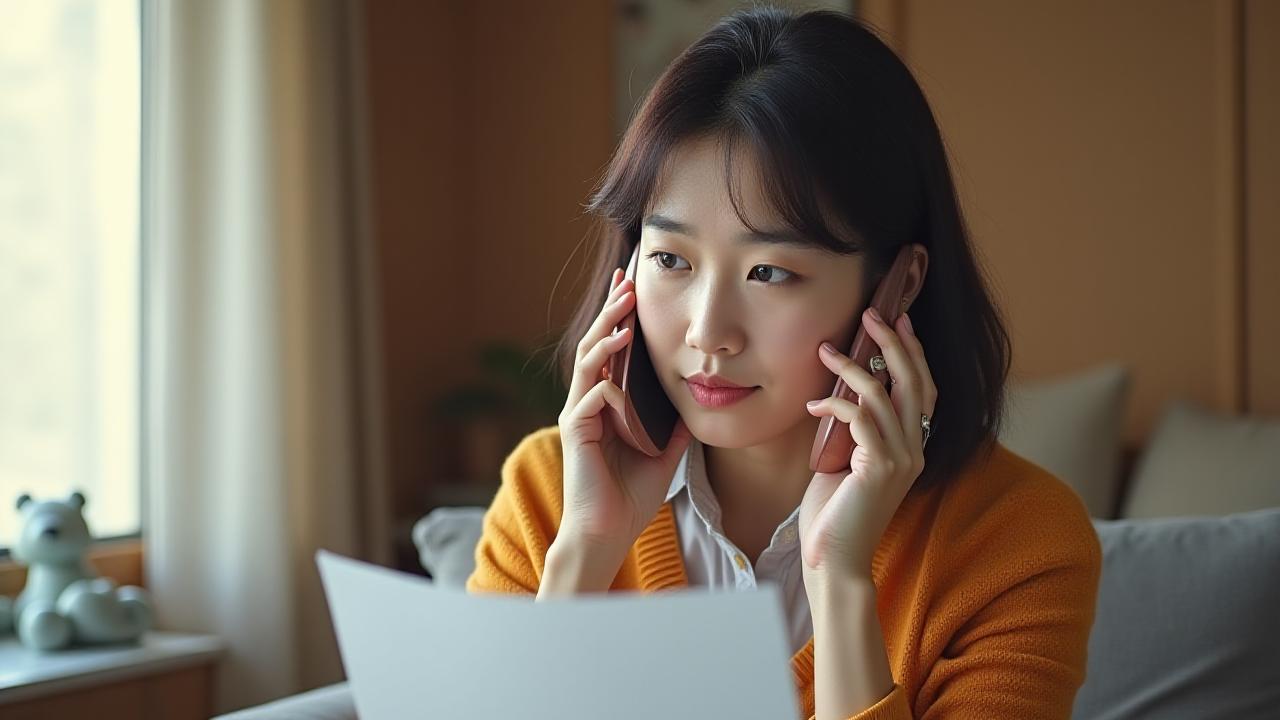 스트레스 받고 있지만 강인해 보이는 중년 여성이 전화 통화 중 서류를 보고 있고, 뒤편에 아이 장난감이 흐릿하게 보이는 모습